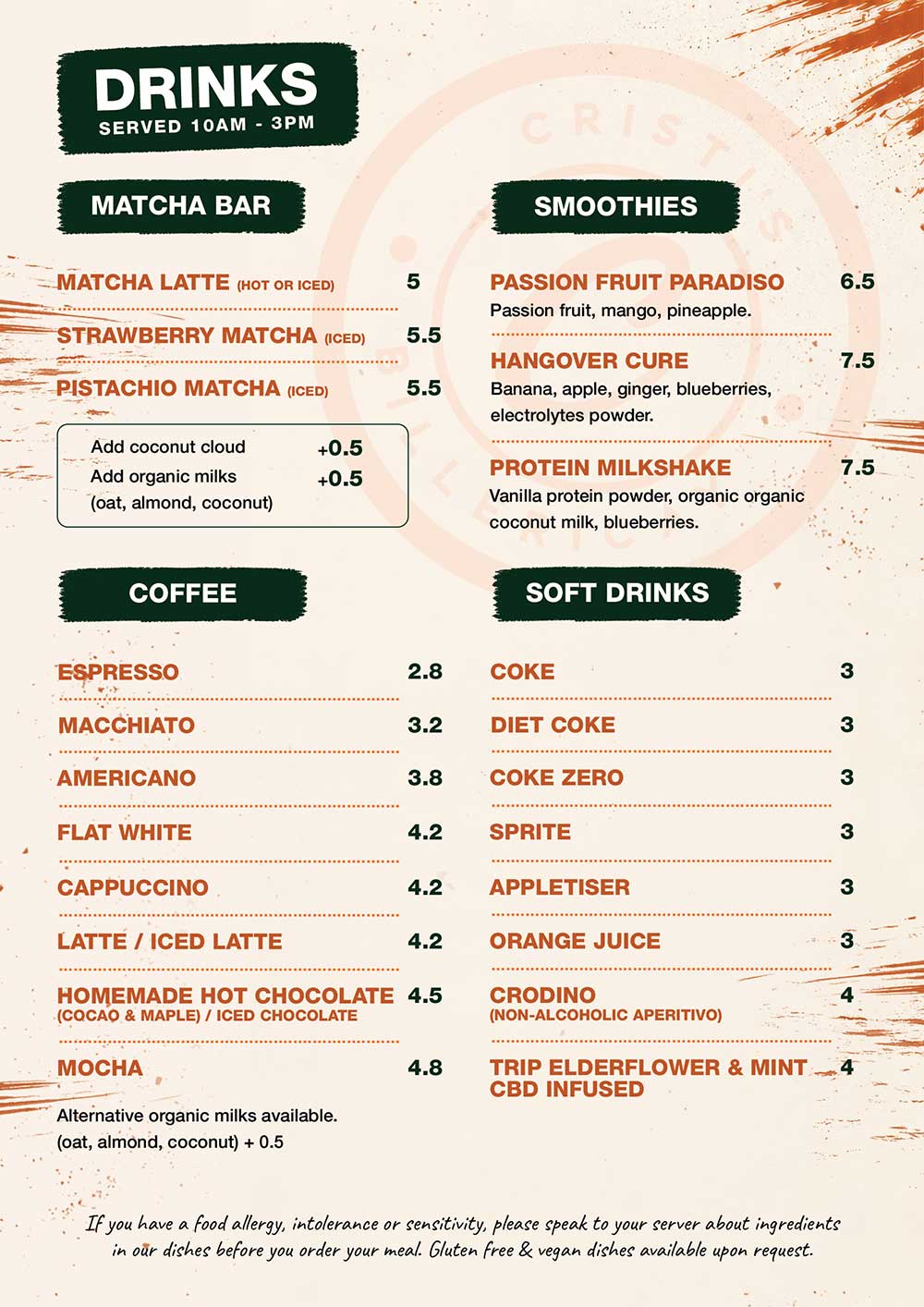 Cristi's brunch menu, back