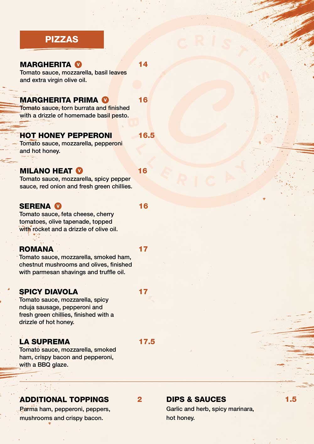 Cristi's food menu, back