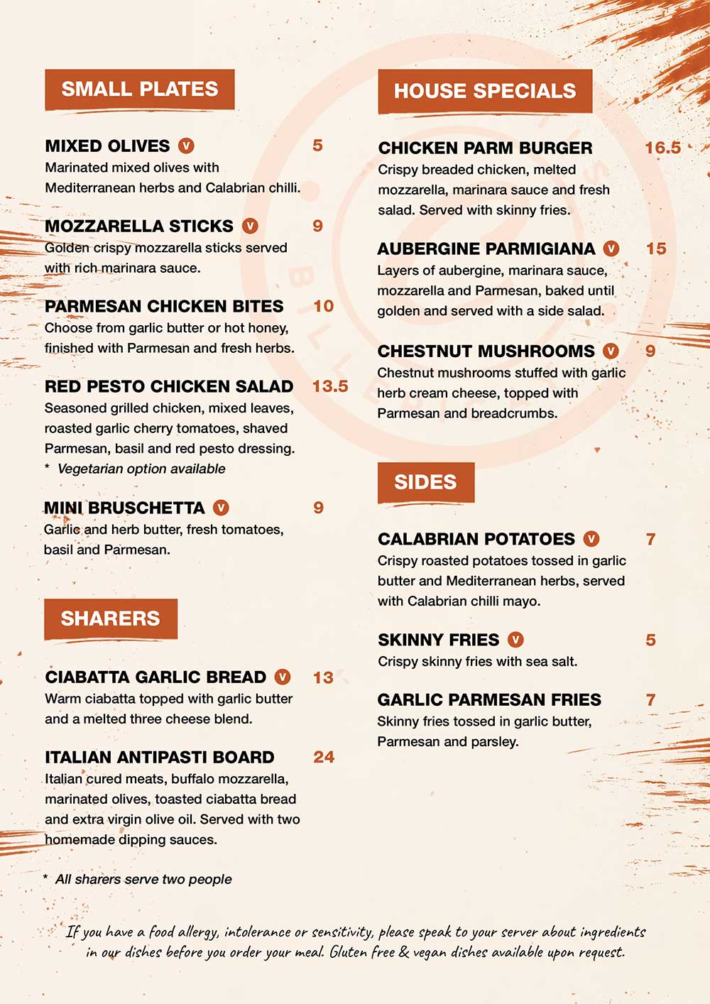 Cristi's food menu, front