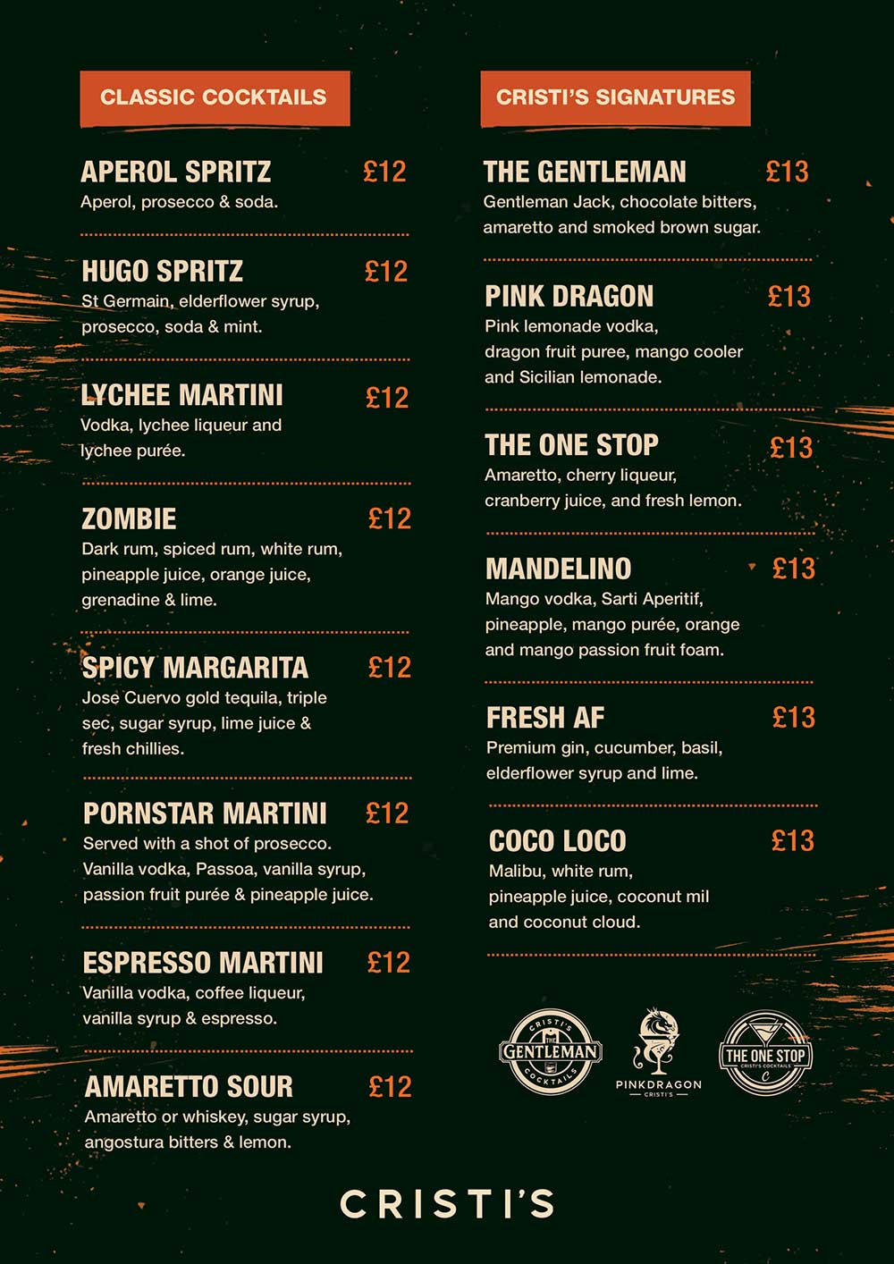 Cristi's cocktail menu
