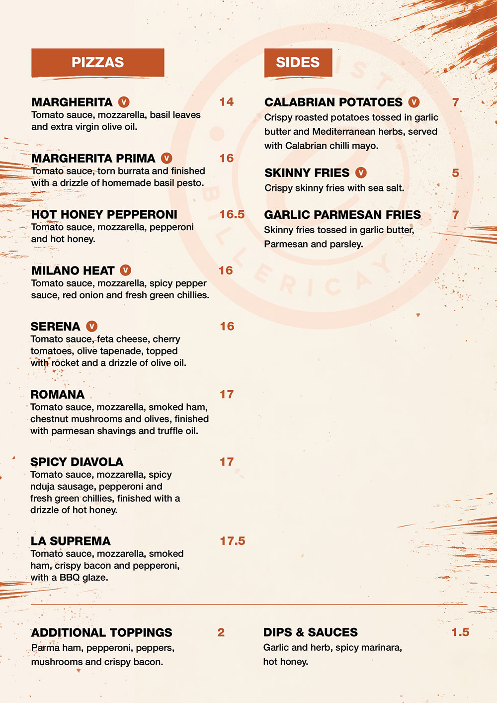 Cristi's food menu, back