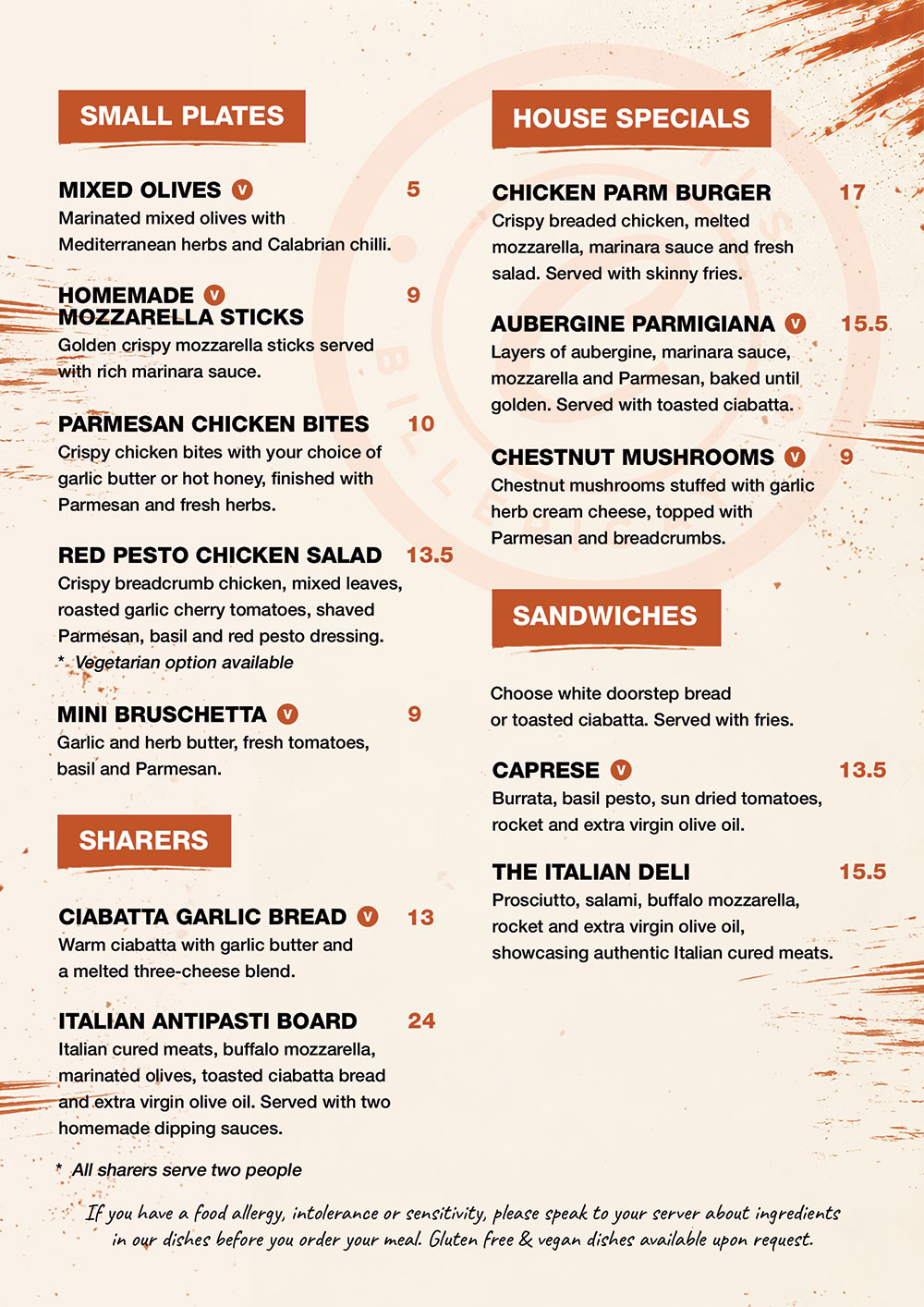 Cristi's food menu, front
