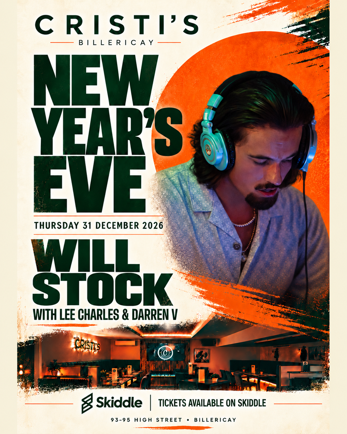 New Year’s Eve at Cristi’s Billericay, Thursday 31 December 2026: Will Stock with Lee Charles and Darren V. Tickets via Skiddle.