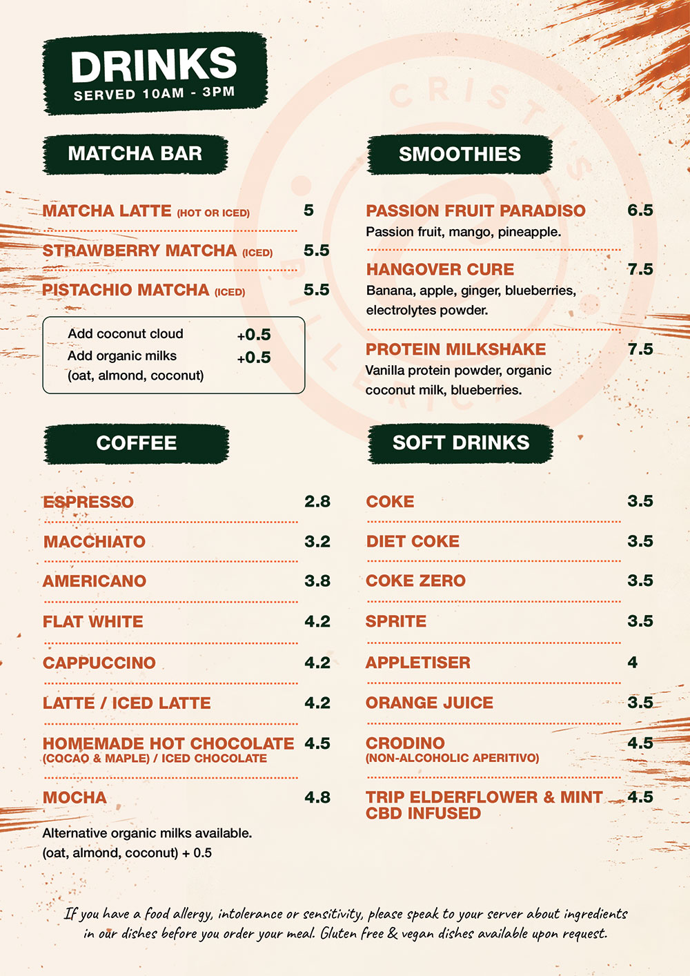 Cristi's brunch menu, back