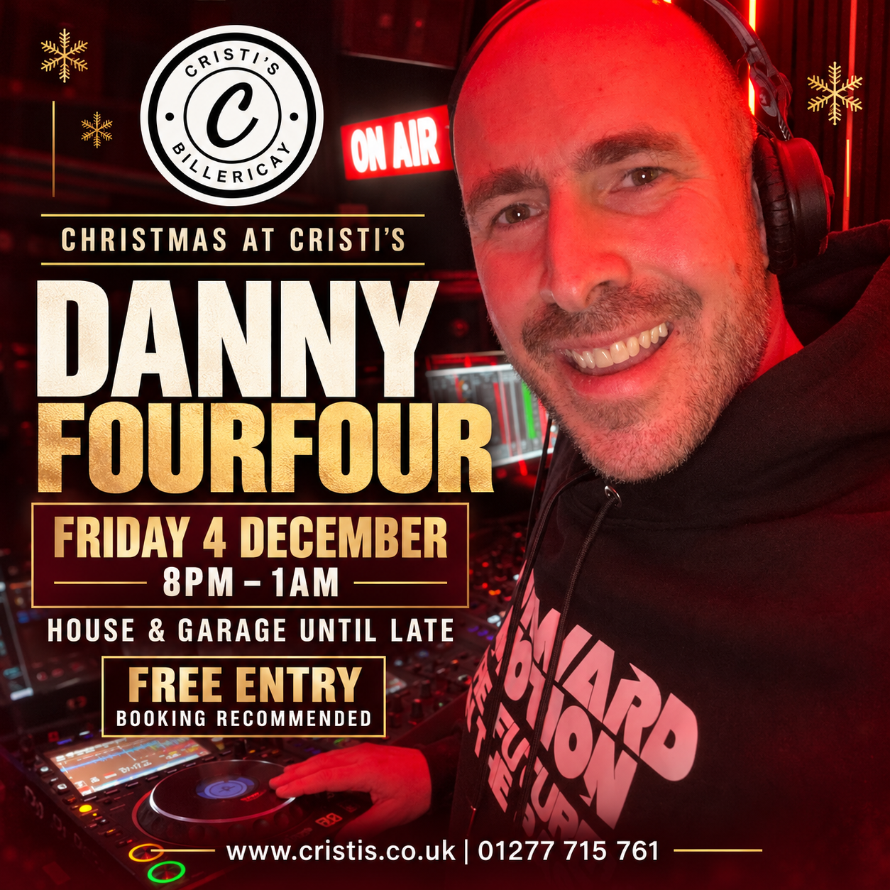 Danny Fourfour at the DJ booth – Cristi’s Billericay, Friday 4 December 2026
