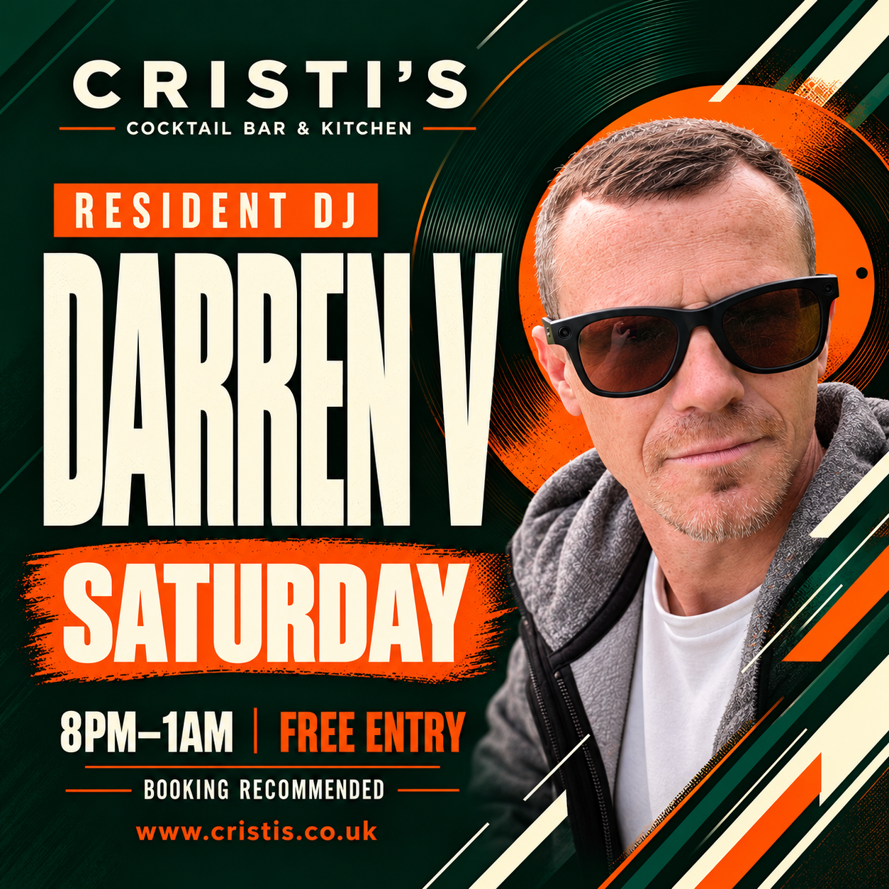 Darren V resident DJ Saturday flyer at Cristi’s Billericay, 8pm–1am, free entry